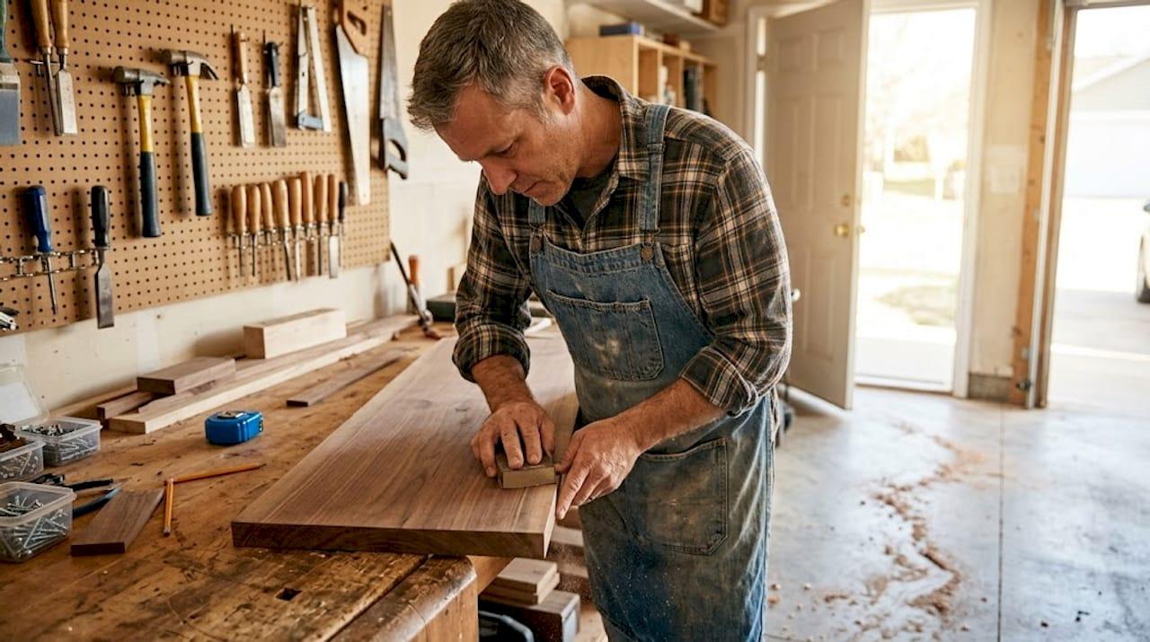 Woodworker preparing hardwood board in workshop