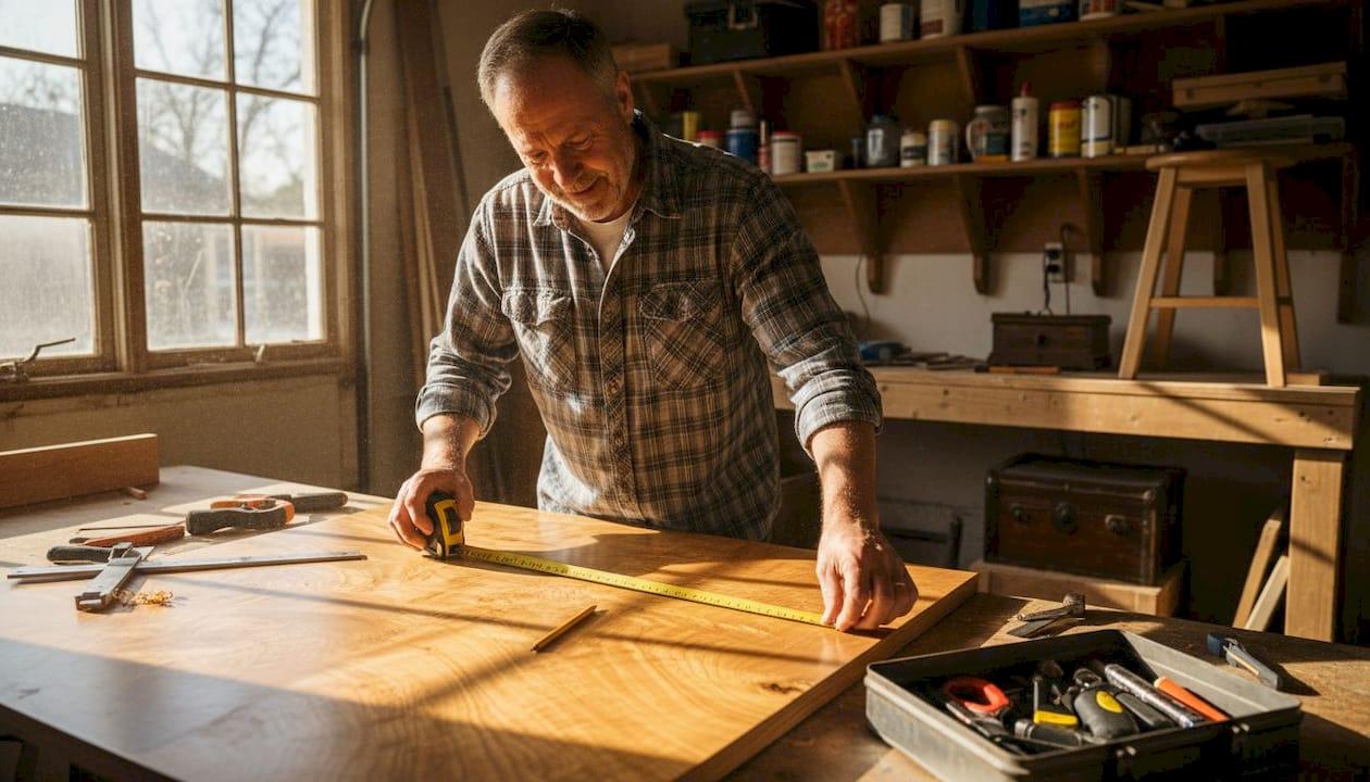 Woodworker measuring tabletop in home workshop