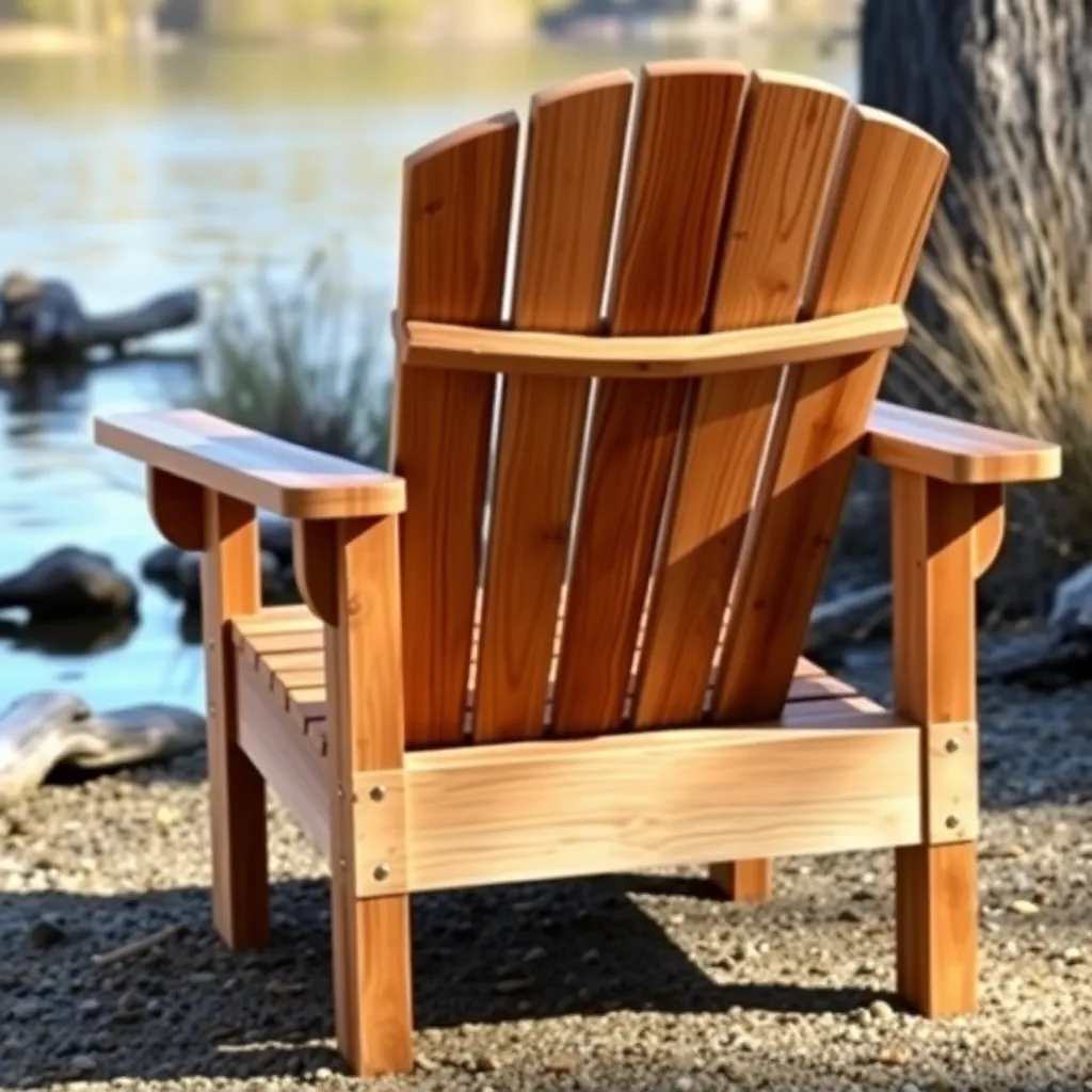 Chunky rustic cedar 2x4 Adirondack chair with thick seat boards and 5-slat fan back at lakeside