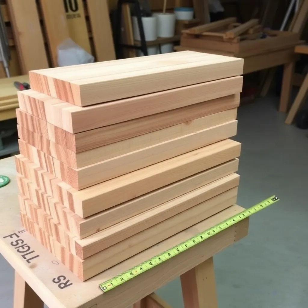 Ten straight cedar 2x4 boards on workbench with tape measure showing all lumber needed for 2x4 Adirondack