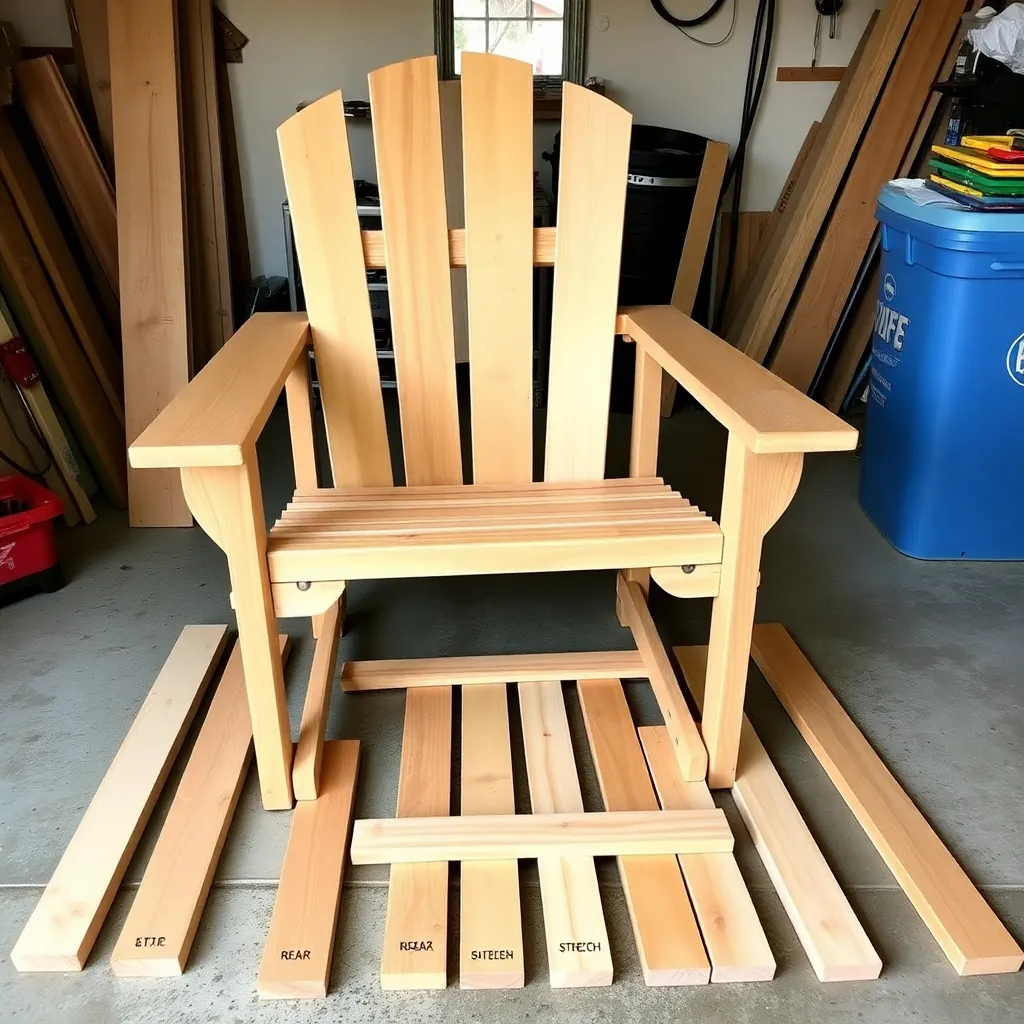 Cedar 2x4 pieces cut and organized for 2x4 Adirondack chair including rear legs slats and armrests