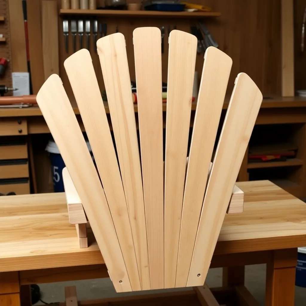 Five chunky cedar 2x4 back slats assembled in fan pattern on bottom rail for 2x4 Adirondack