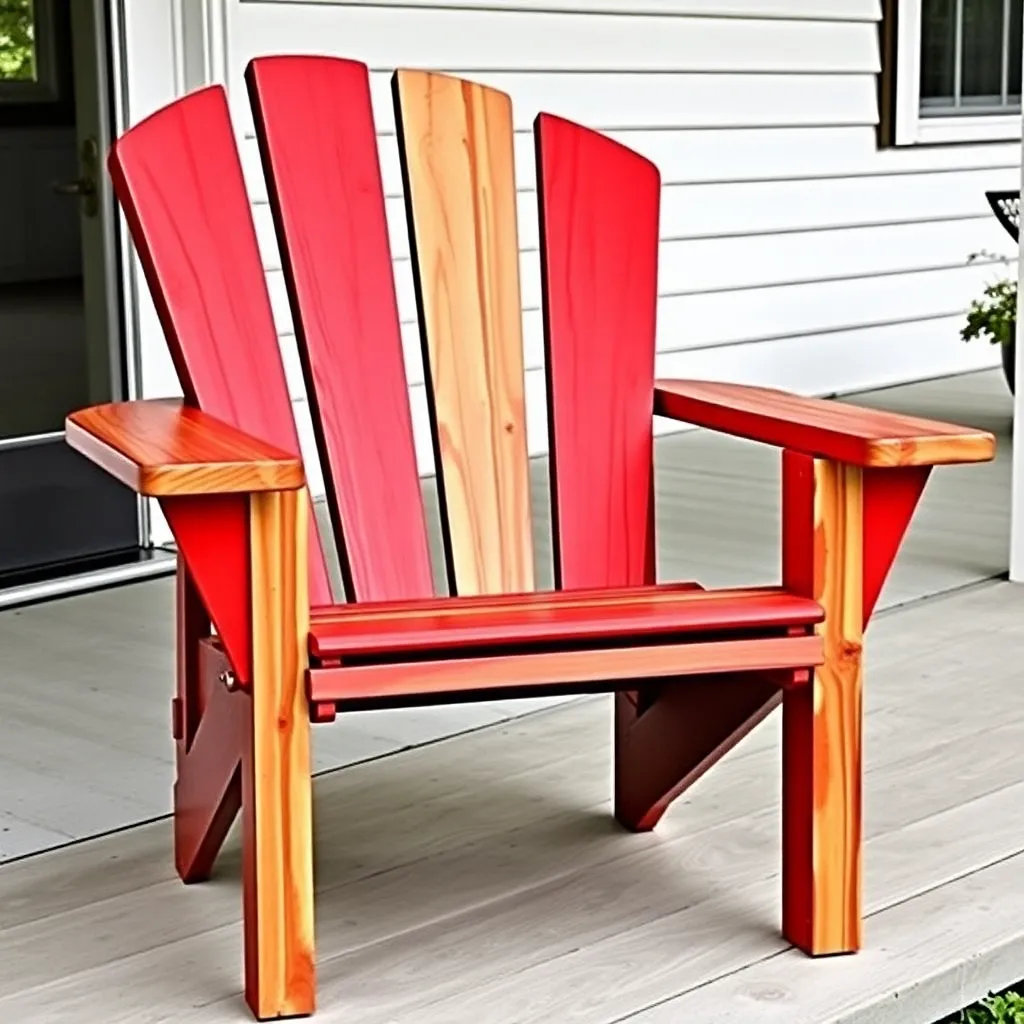 Finished chunky 2x4 cedar Adirondack chair painted barn red on farmhouse porch