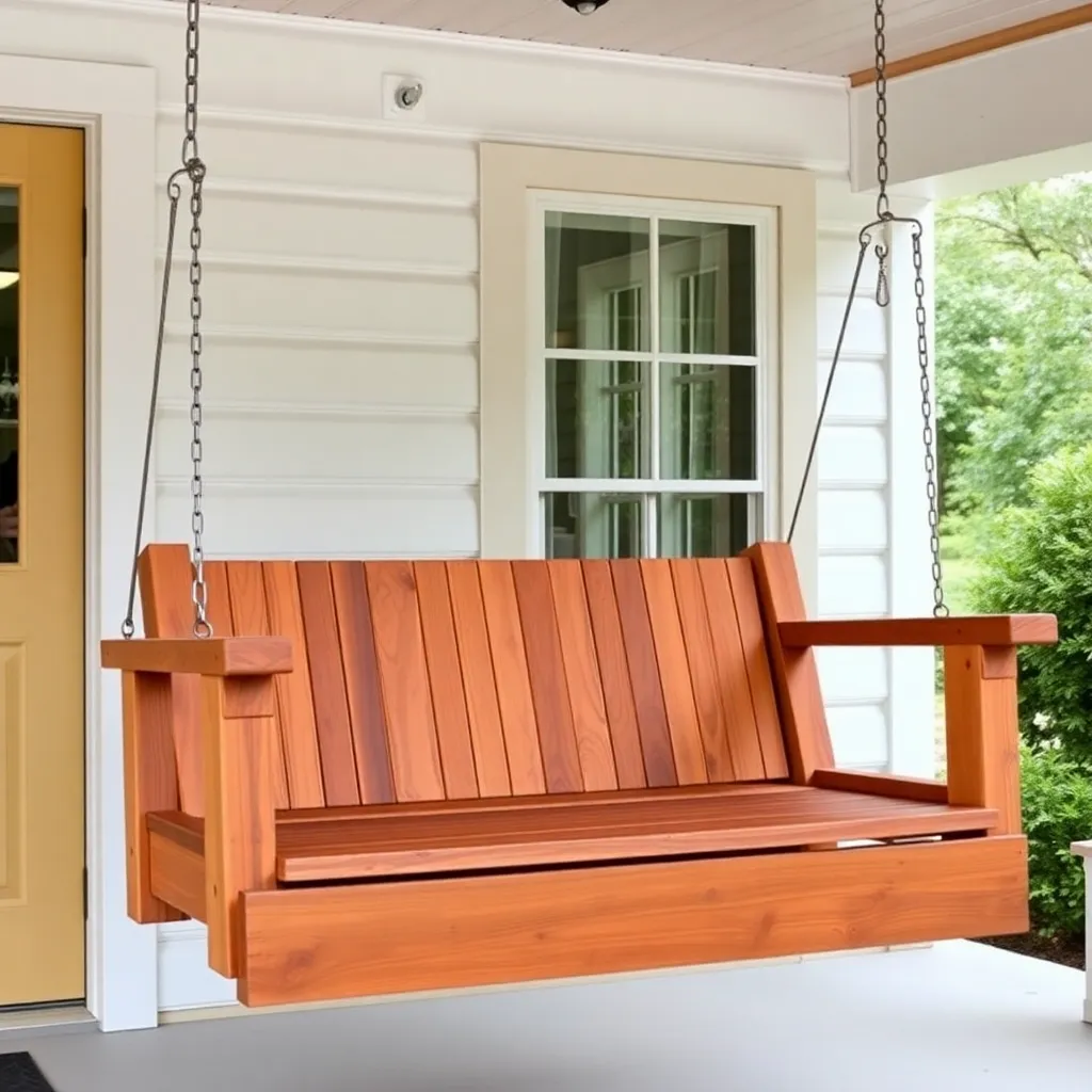 Rustic farmhouse cedar porch swing built from 2x4 lumber hanging from porch ceiling with chain