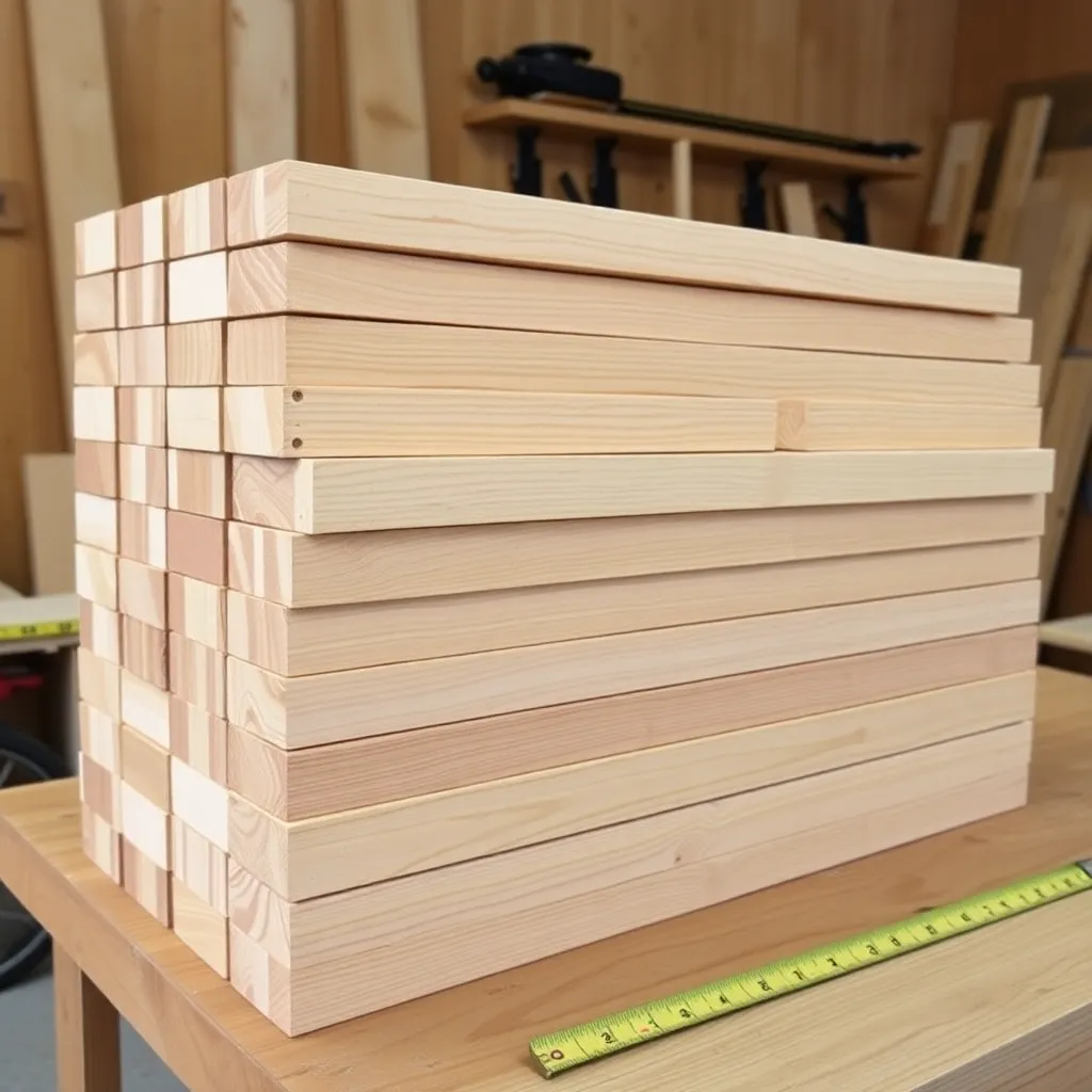Twelve straight cedar 2x4 boards stacked on a workbench with tape measure for 2x4 porch swing build