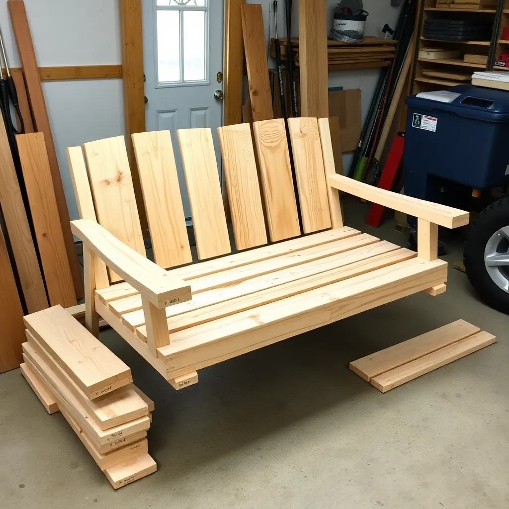 Cedar 2x4 boards cut to lengths and organized on garage floor for 2x4 porch swing build