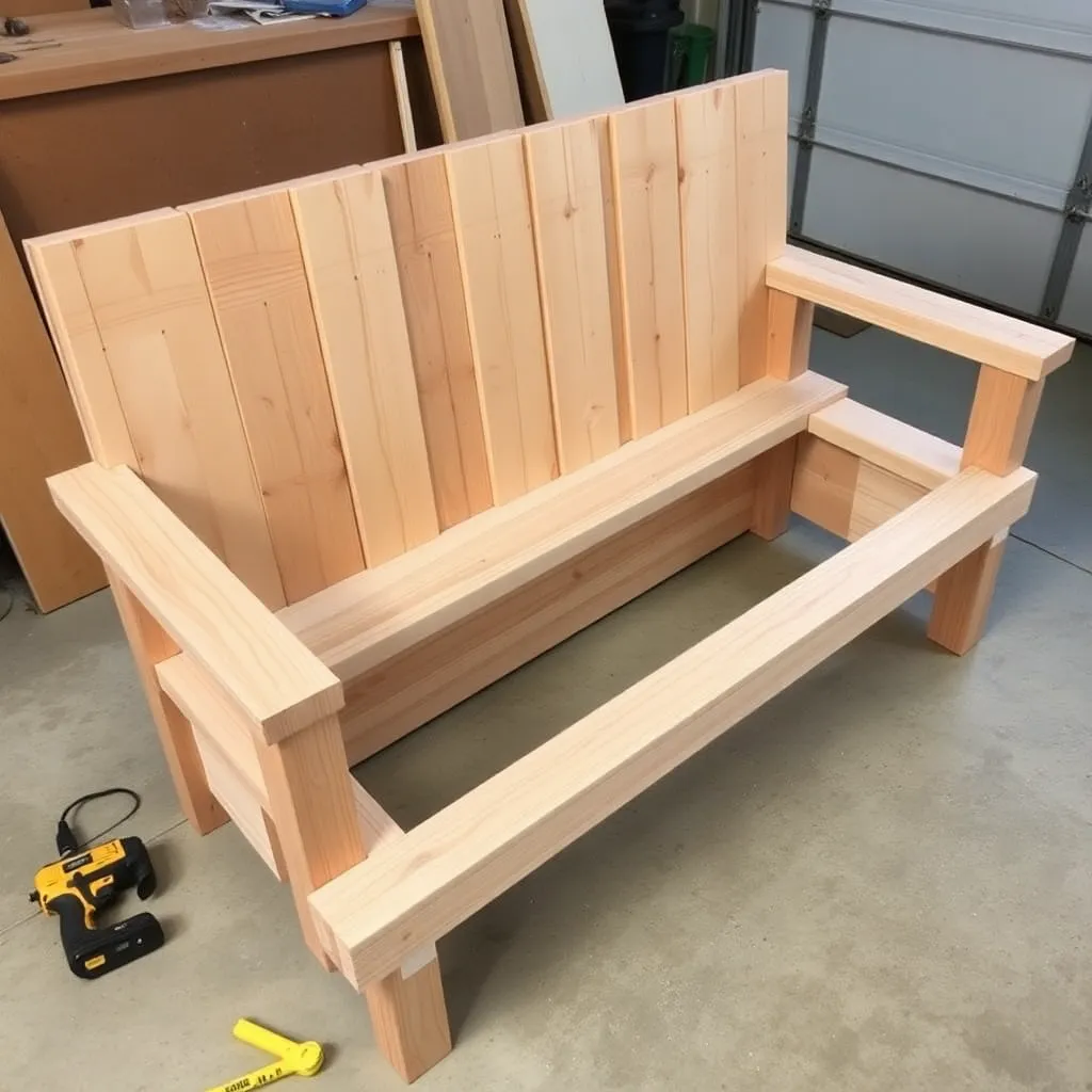 Five cedar 2x4 seat boards with side rails and hanging cleats being assembled for 2x4 porch swing