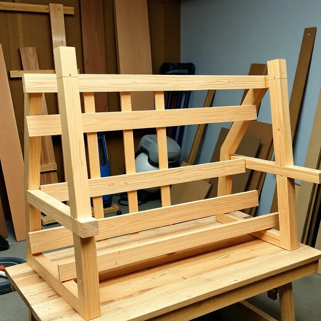 Cedar 2x4 back frame with five horizontal boards across two vertical stiles being assembled