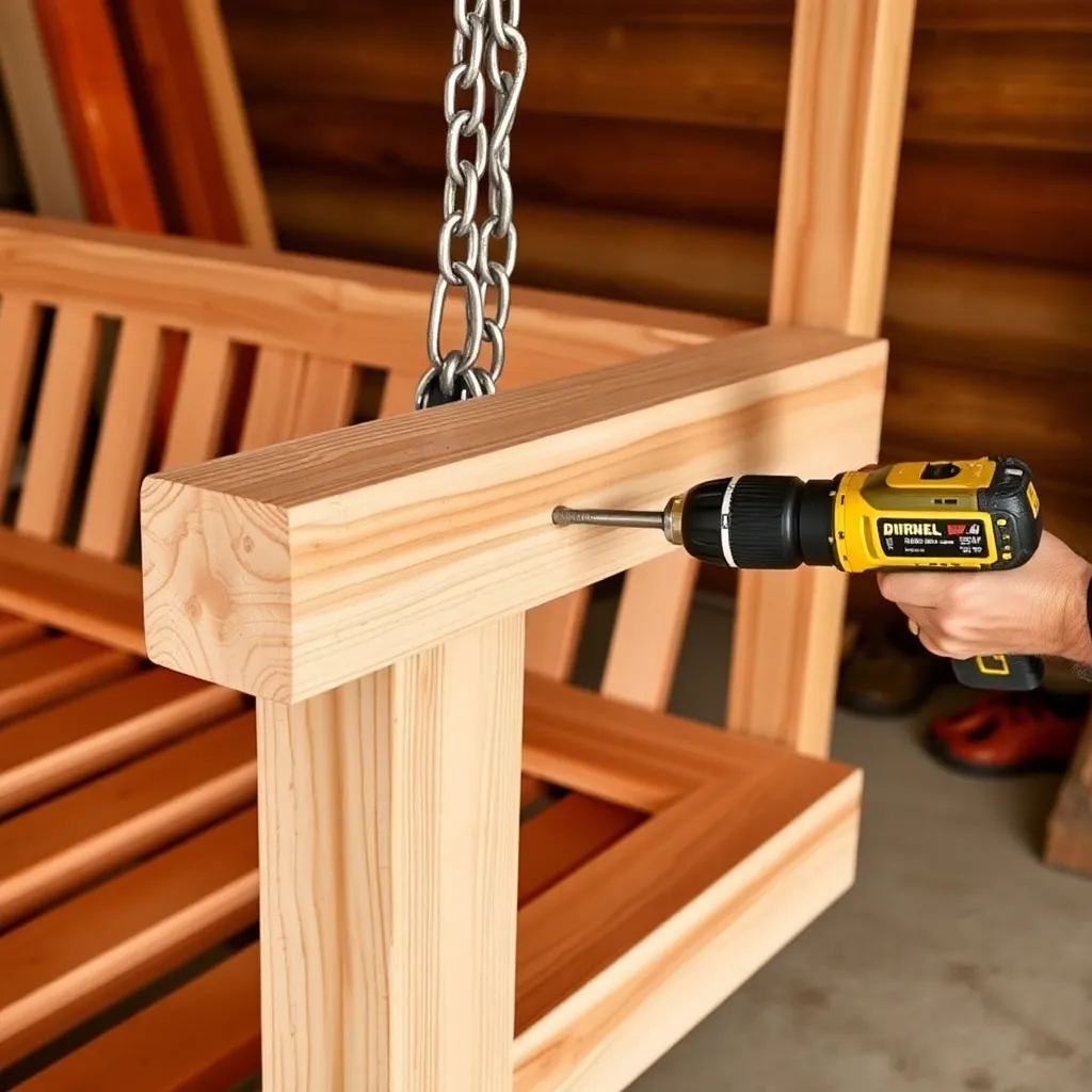 Narrow 2x4 cedar armrest being attached to front post and back stile of 2x4 porch swing