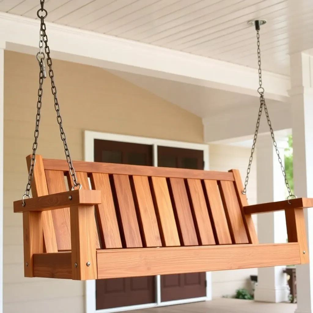 Finished rustic farmhouse cedar 2x4 porch swing hanging from porch with chain warm brown stain