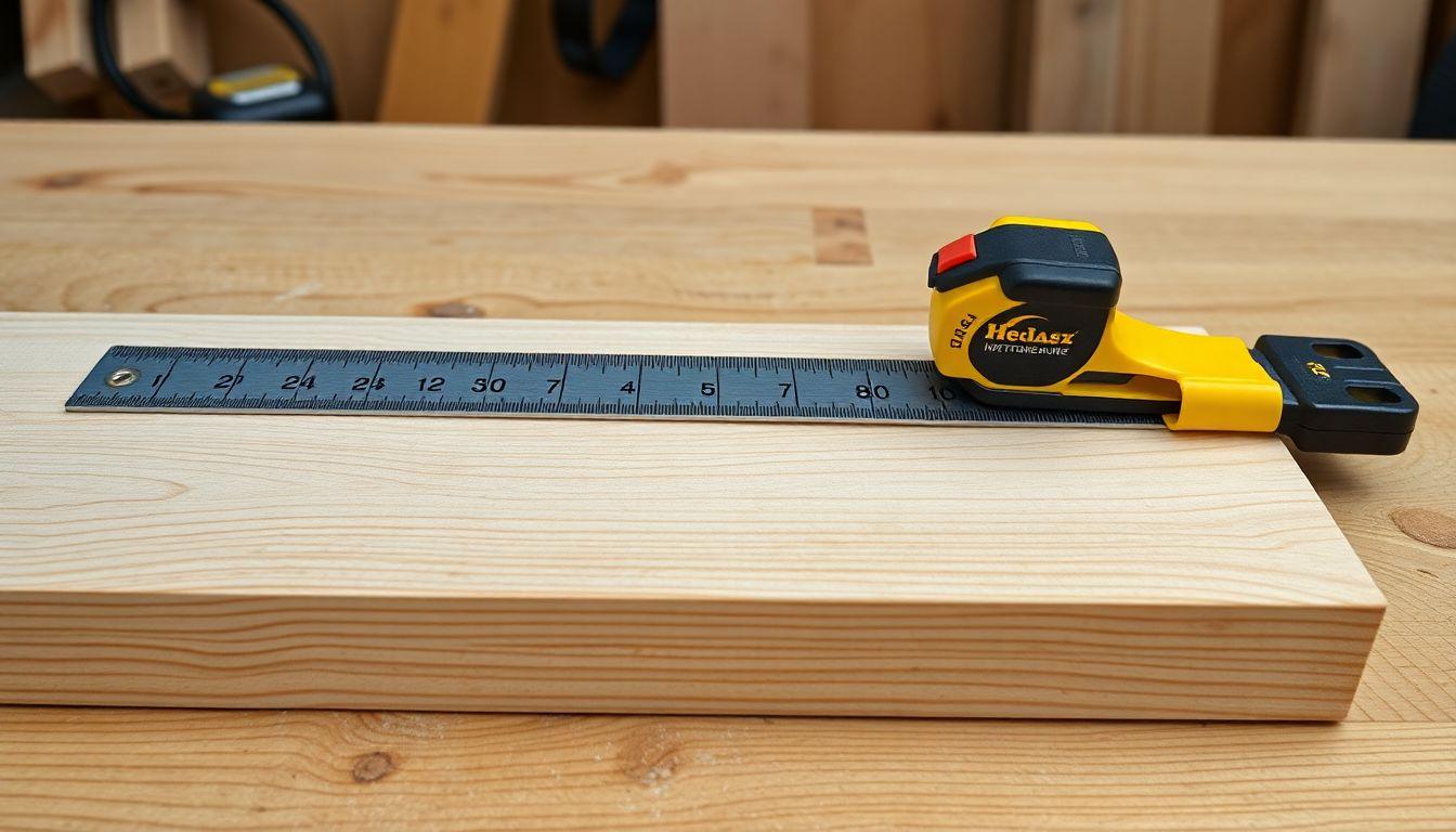 Ruler and tape measure on wood boards