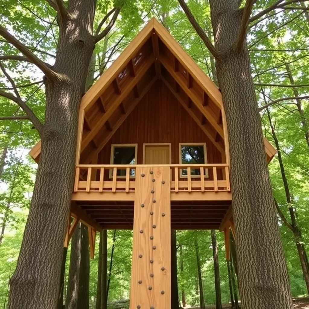 DIY A-frame treehouse between two trees with climbing wall on front - Step 1: Find Two Suitable Trees at the Right Spacing