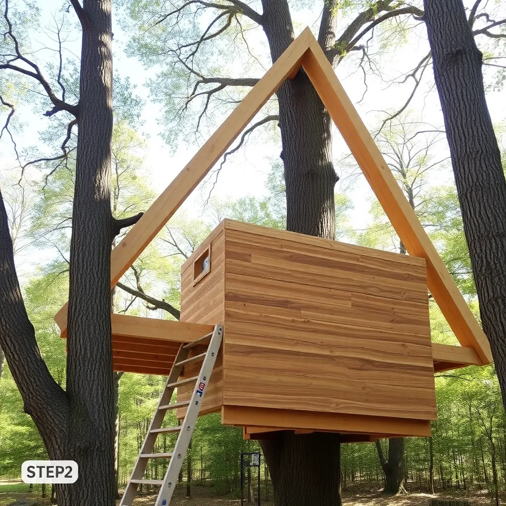 DIY A-frame treehouse between two trees with climbing wall on front - Step 2: Install the Main Spanning Beam