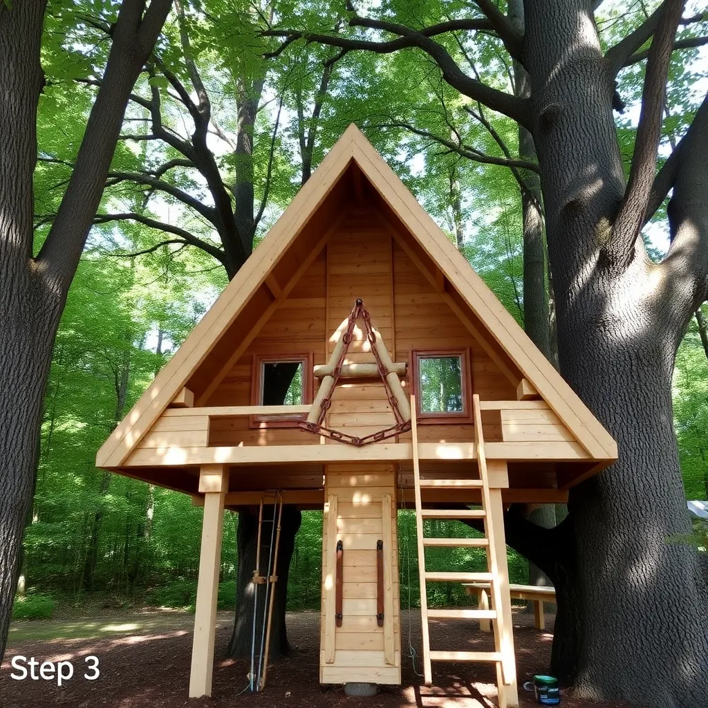 DIY A-frame treehouse between two trees with climbing wall on front - Step 3: Build the Platform