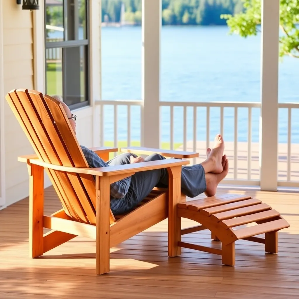 Cedar Adirondack chair and matching ottoman footrest with person reclined on sunny lakeside porch