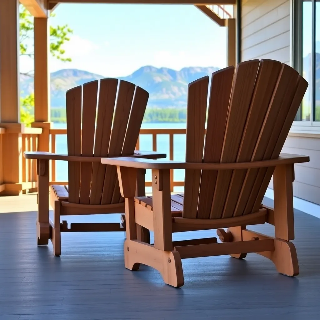 Beautiful set of matching cedar Adirondack chairs on sunny lakeside porch with mountains in background