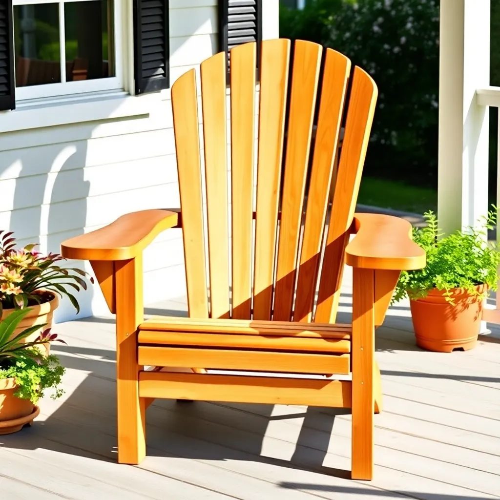 Classic cedar Adirondack chair with fan back and wide armrests on sunny porch