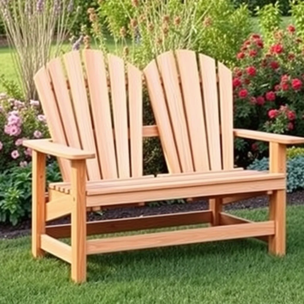 Wide cedar Adirondack loveseat with double fan back seating two adults in garden
