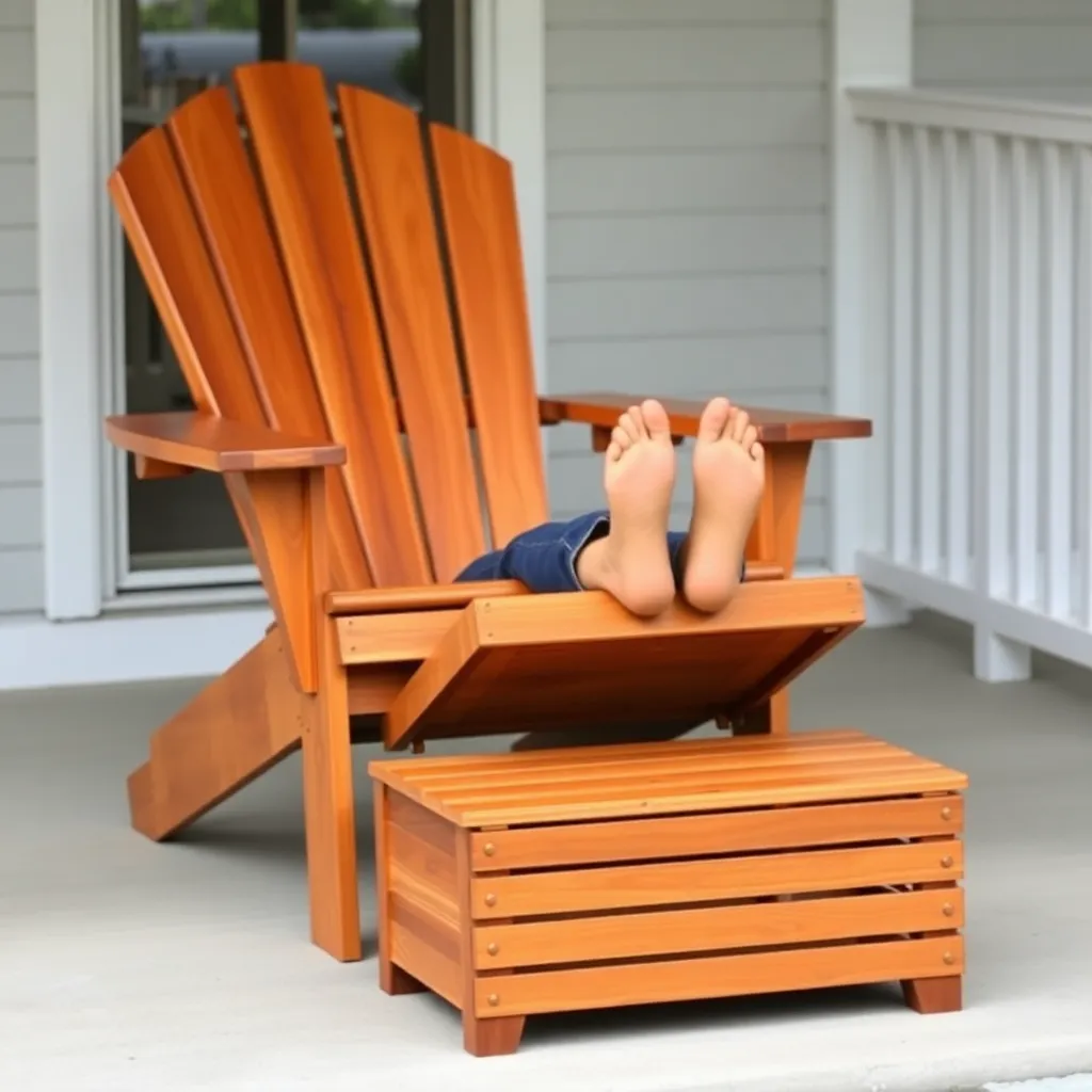 Cedar Adirondack chair with matching ottoman footrest person reclining on porch