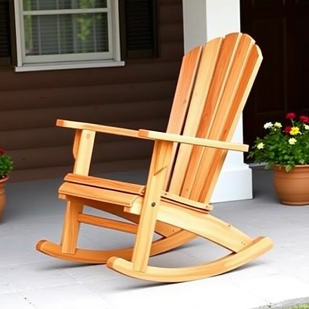 Cedar Adirondack rocking chair with curved runners and fan back person gently rocking on porch