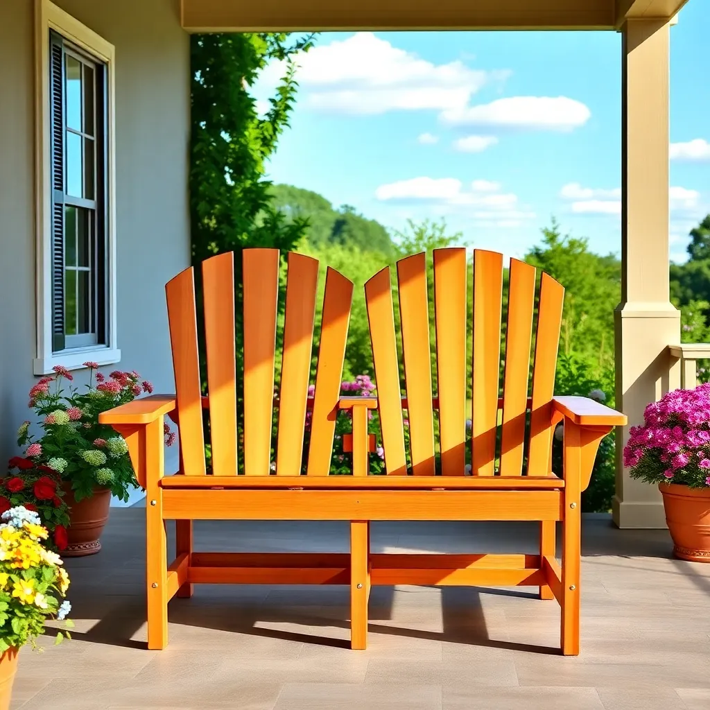Beautiful cedar Adirondack loveseat with wide fan back seating two adults on garden porch