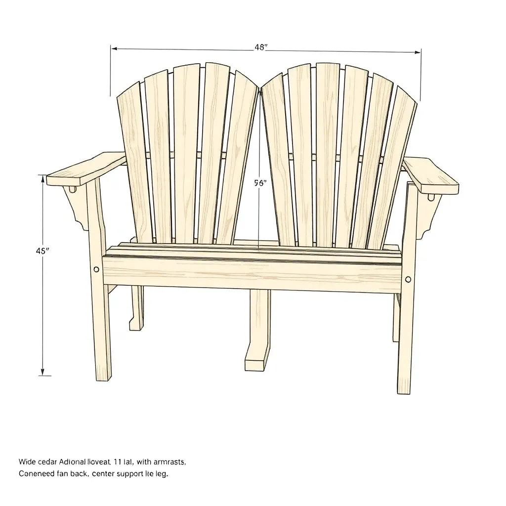 Adirondack loveseat dimension drawing showing 48-inch seat 11-slat fan back and center support leg