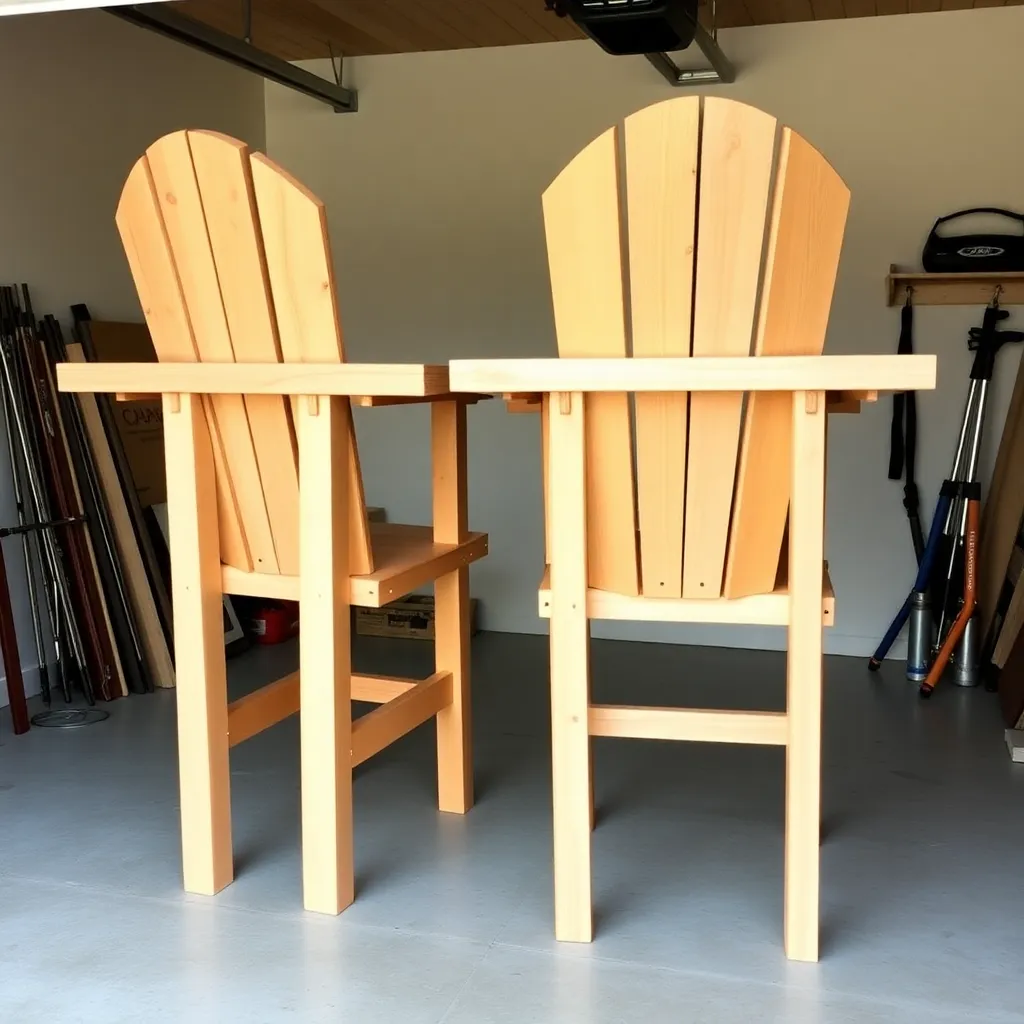 Two cedar Adirondack loveseat rear legs connected by 48-inch stretchers forming wide U-frame
