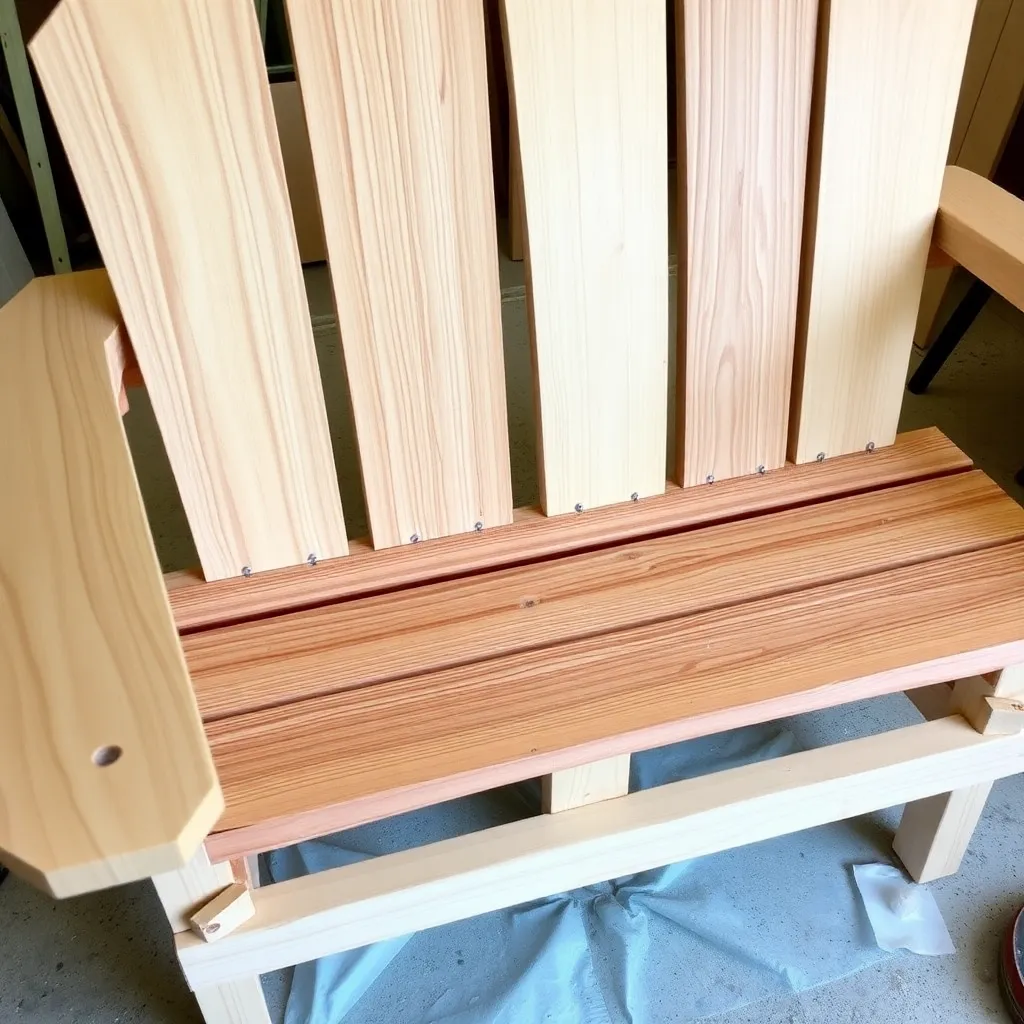 Five cedar seat boards being fastened to wide Adirondack loveseat frame with center support leg visible
