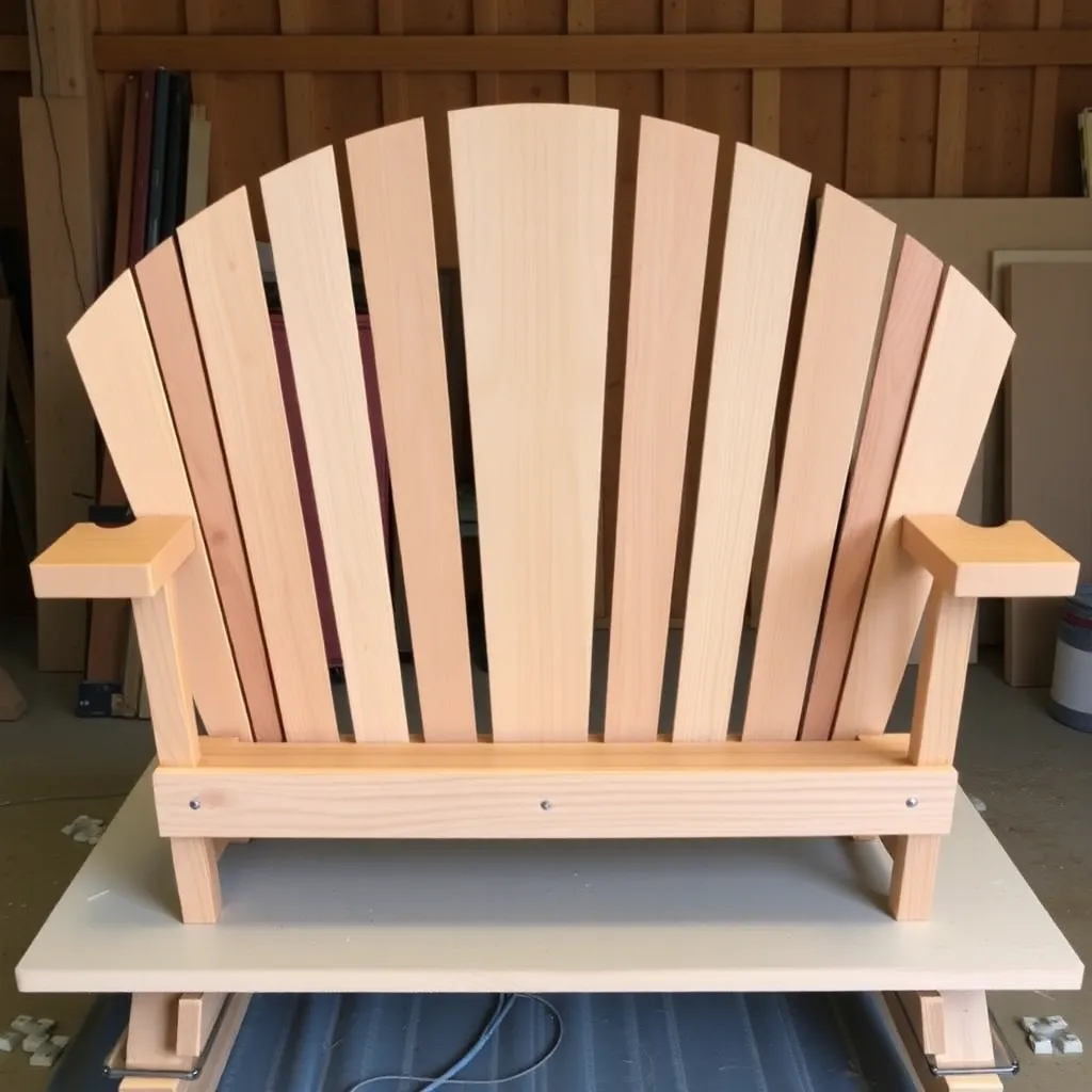 Wide 11-slat cedar fan back for Adirondack loveseat being assembled with center tallest across 48 inches
