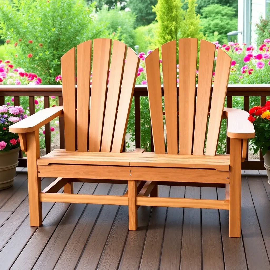 Finished cedar Adirondack loveseat seating two adults on garden porch with wide fan back and natural stain
