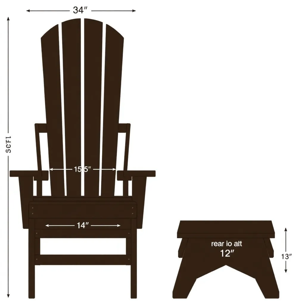 Side view diagram showing Adirondack chair and ottoman matching 15-degree angle with height dimensions labeled