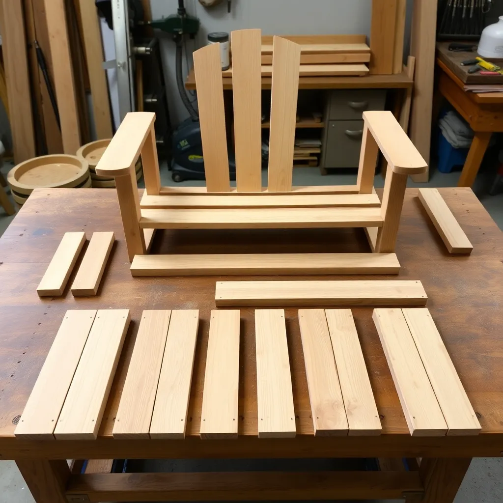 Cedar 1x4 parts for Adirondack ottoman including slats front and rear legs and rails on workbench