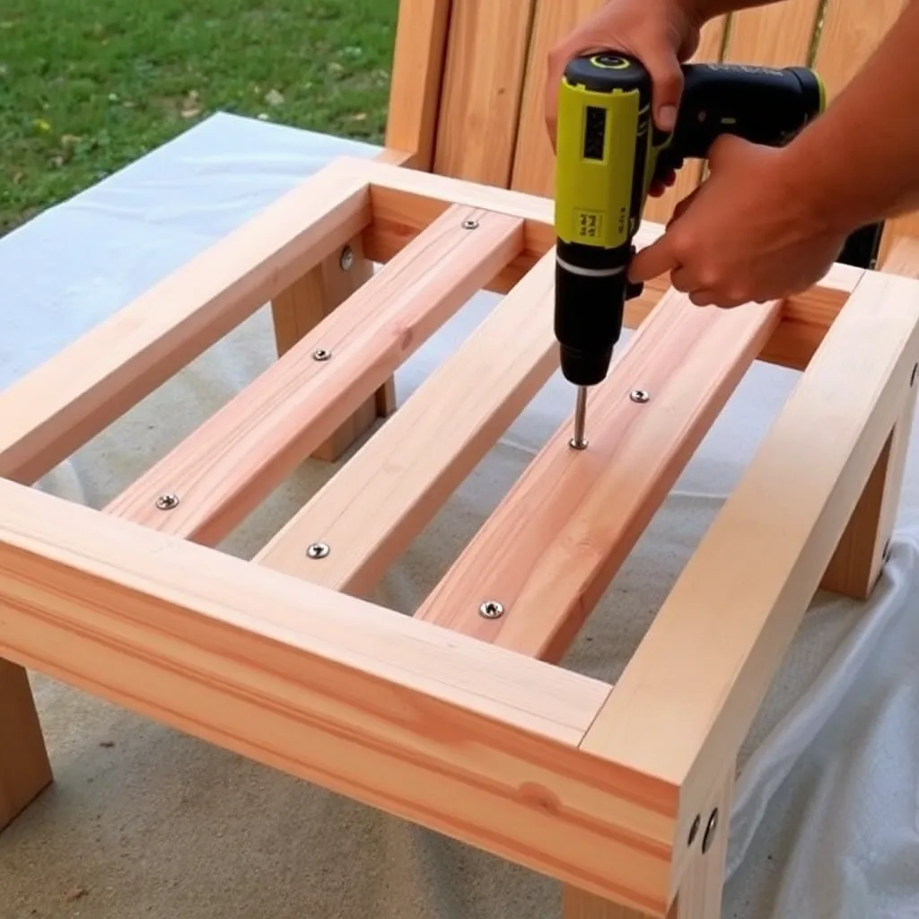 Four cedar slats being evenly spaced and fastened across angled Adirondack ottoman frame
