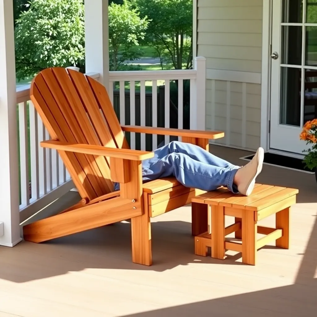 Complete cedar Adirondack chair and ottoman set on sunny porch with person reclining feet on ottoman