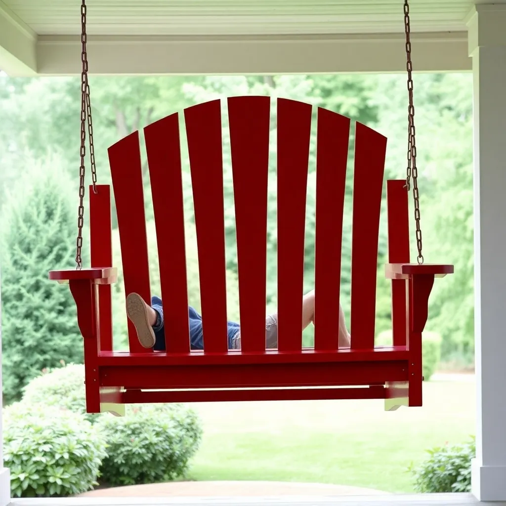 Stunning Adirondack porch swing with fan back and wide armrests painted barn red hanging from porch ceiling