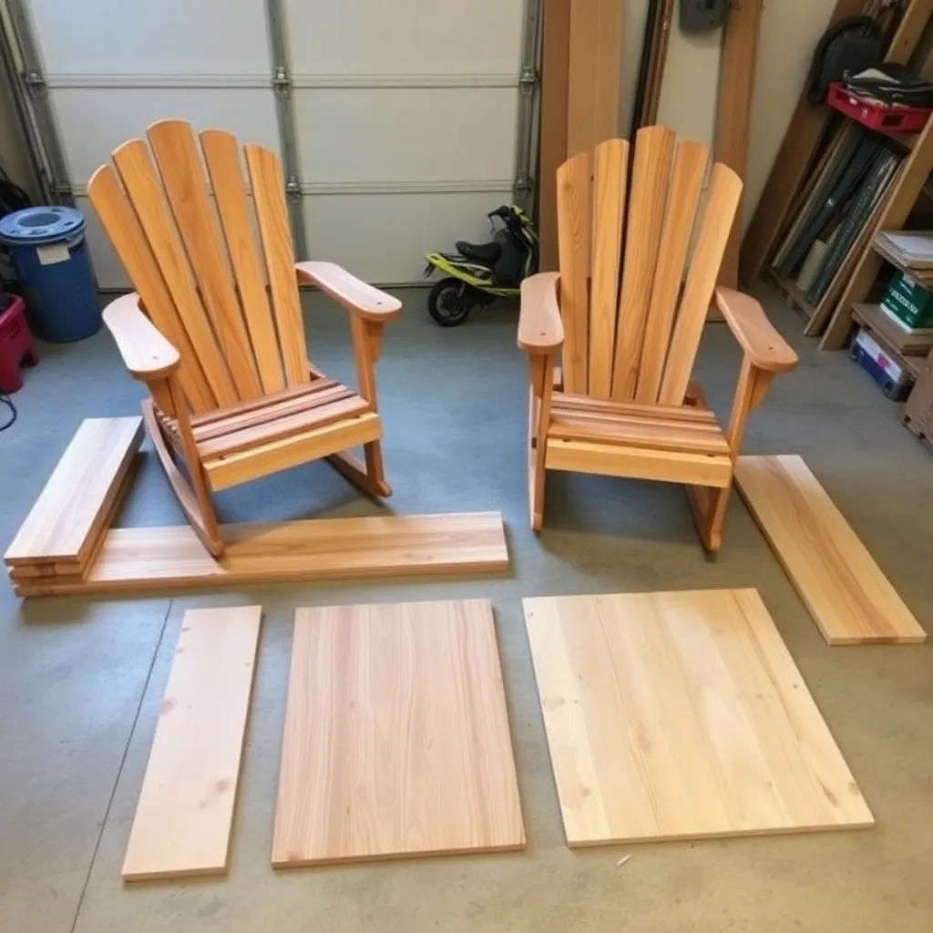 Cedar 1x4 boards and plywood rocker blanks organized on garage floor for Adirondack rocking chair