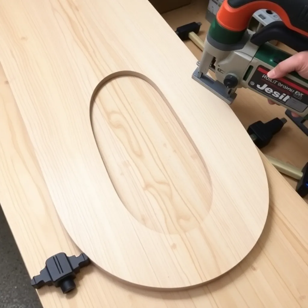 Curved cedar rocker runner being cut from plywood with jigsaw following arc line on workbench