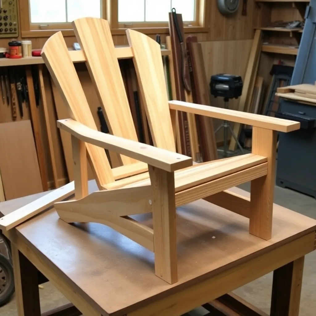 Classic Adirondack chair frame being assembled with rear legs seat boards and fan back before rocker attachment