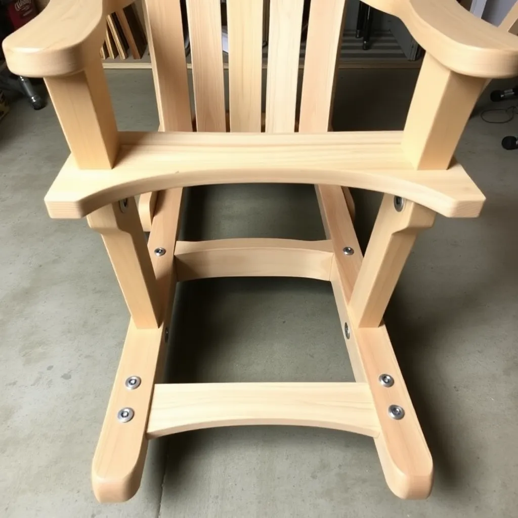 Two curved cedar rocker runners being bolted to Adirondack chair frame base with carriage bolts visible