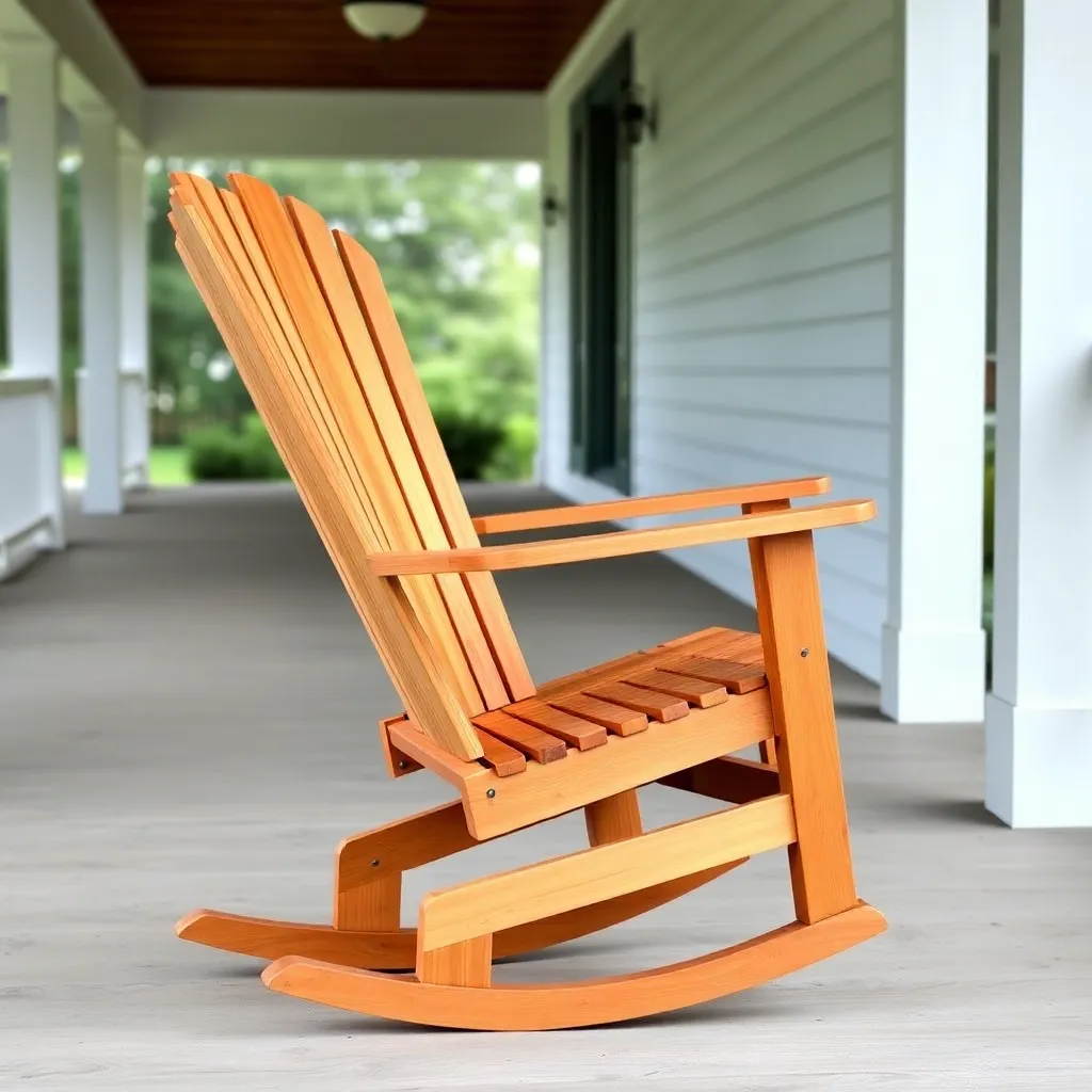 Finished cedar Adirondack rocking chair on covered farmhouse porch with fan back and curved rocker runners