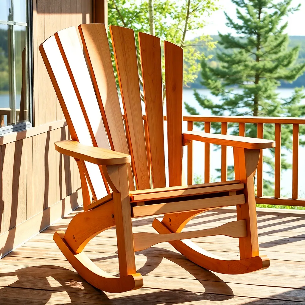 Beautiful cedar Adirondack rocking chair with fan back and curved rocker runners on sunny lakeside porch