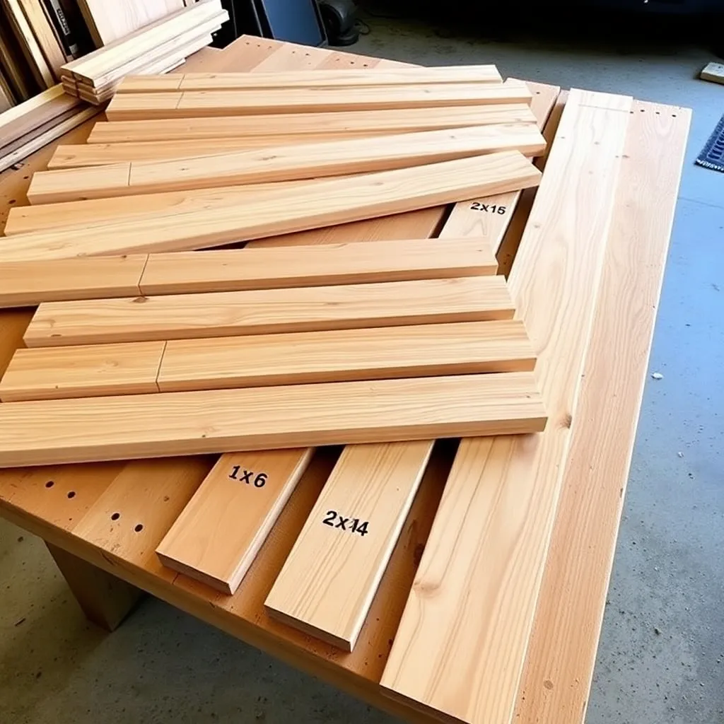 Cedar boards for Adirondack porch swing with angled cut marks on fan slats laid out on workbench