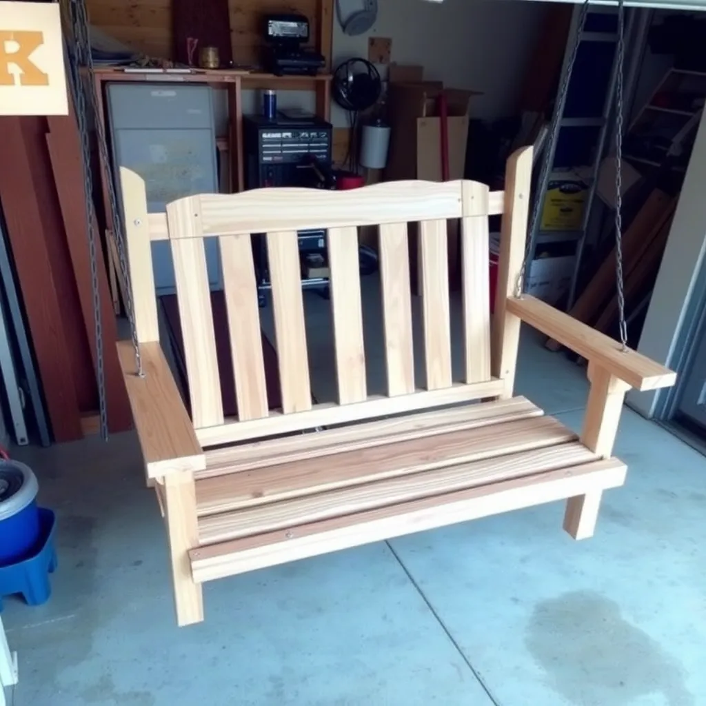 Adirondack porch swing seat frame with tapered side rails creating backward tilt being assembled