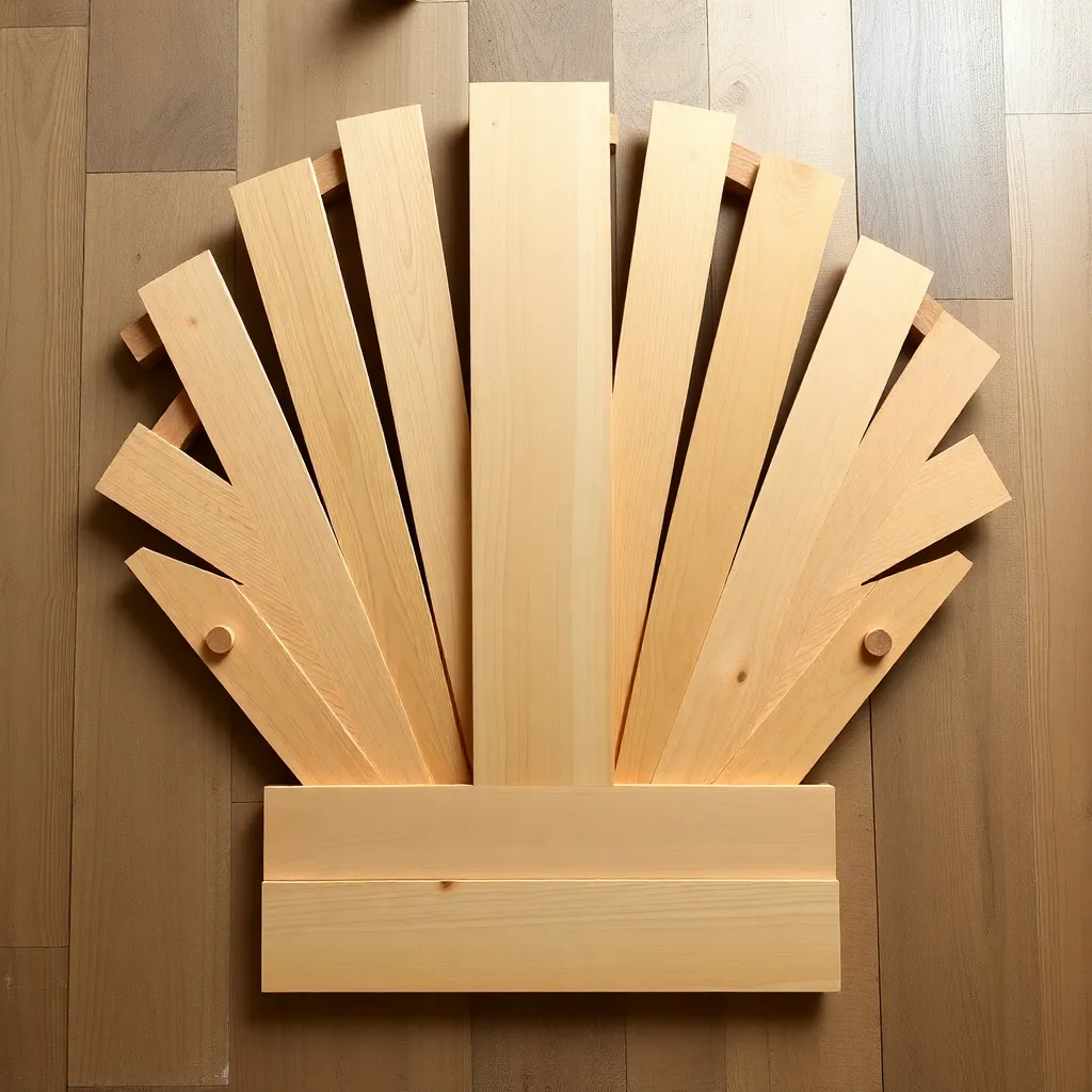 Cedar fan-back assembly with center slat vertical and outer slats fanning outward being screwed to bottom rail