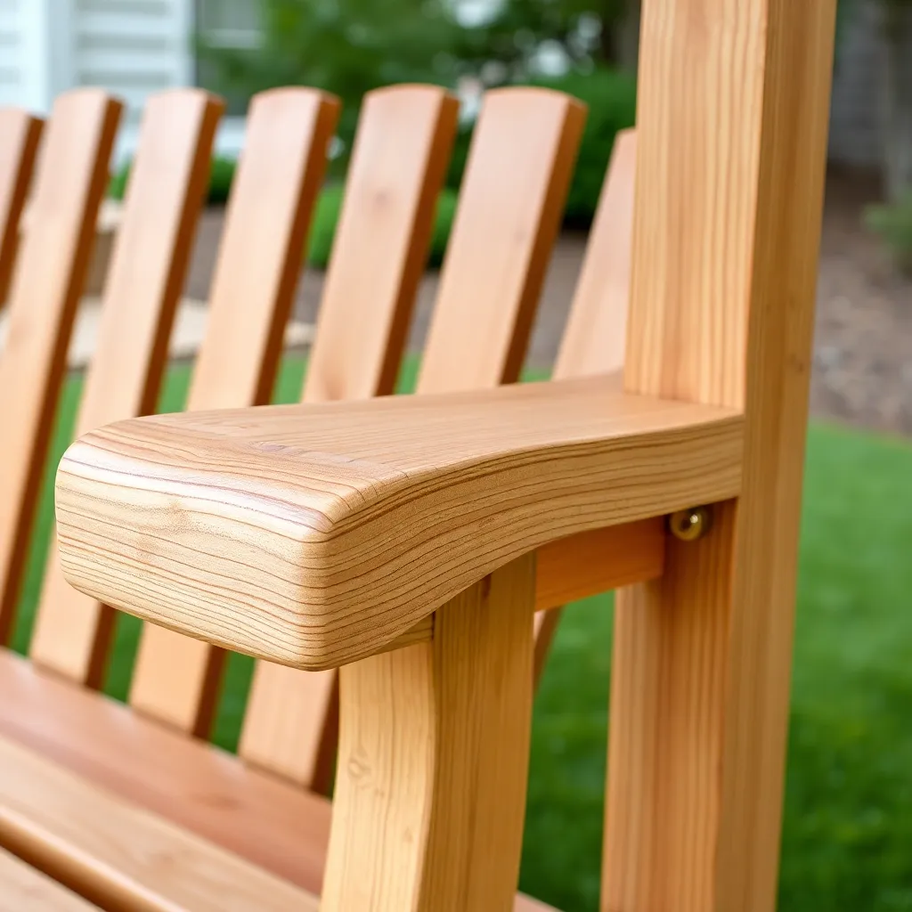 Wide 1x6 cedar Adirondack armrest with curved front profile being attached to swing front post