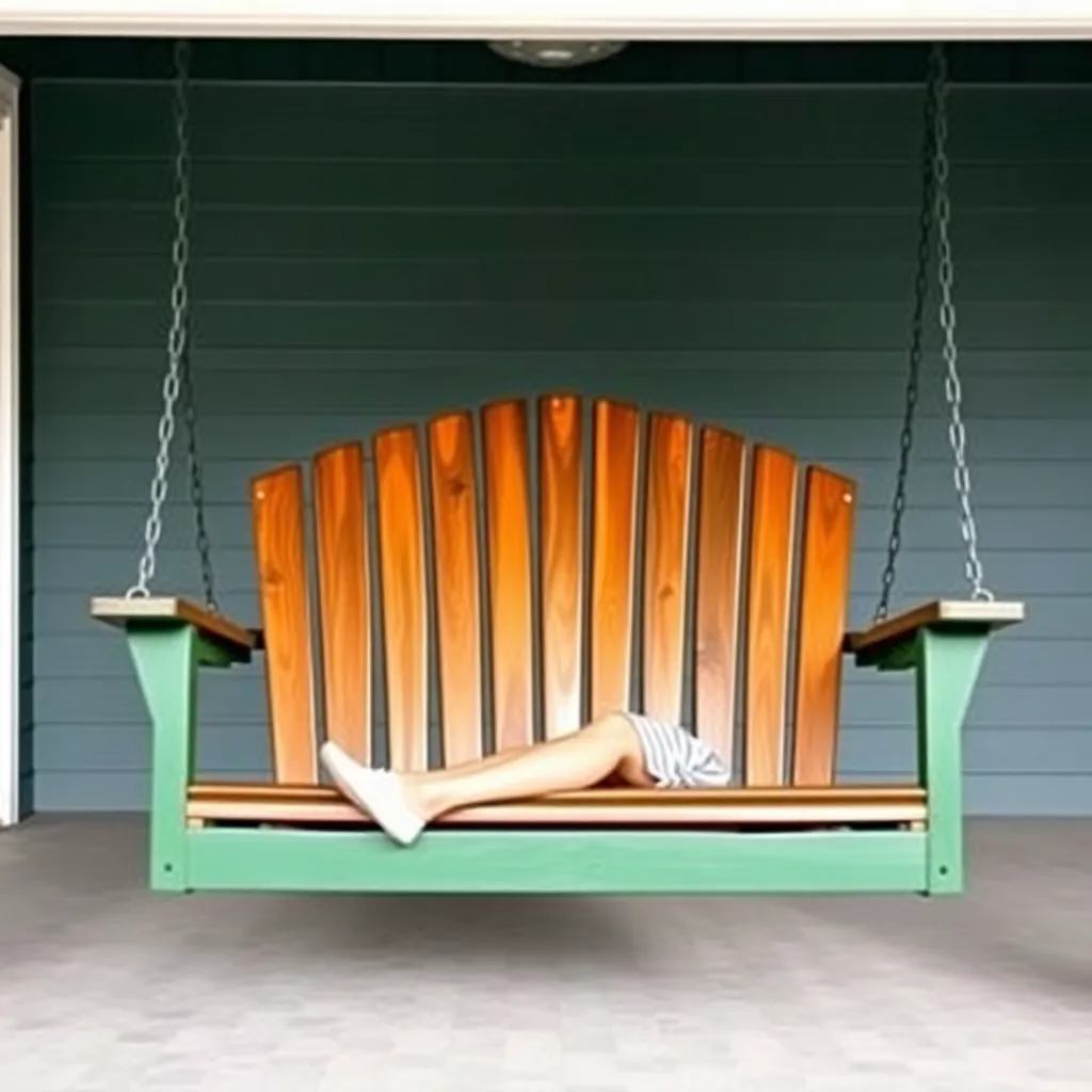 Finished Adirondack porch swing with fan-back and wide armrests painted forest green hanging from porch