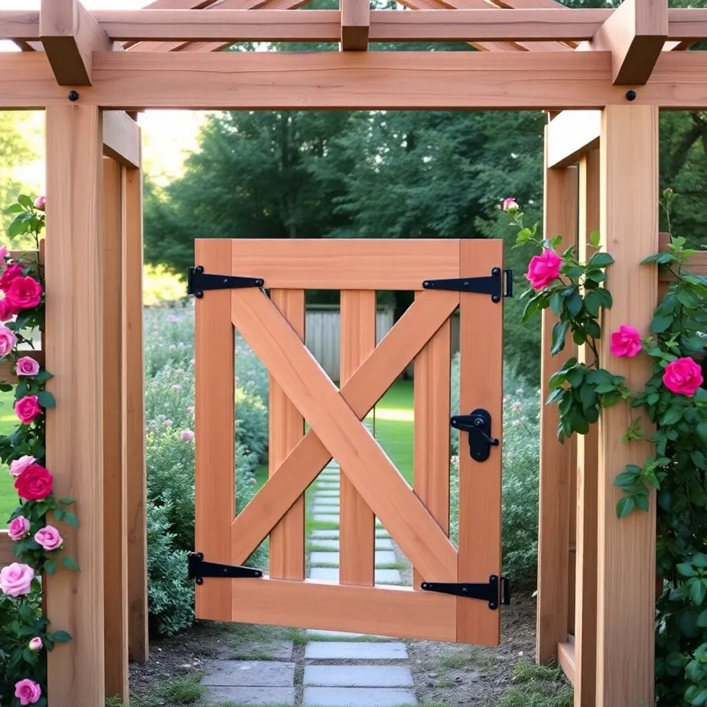 Beautiful cedar Z-brace garden gate with black strap hinges hanging in a garden arbor with climbing roses