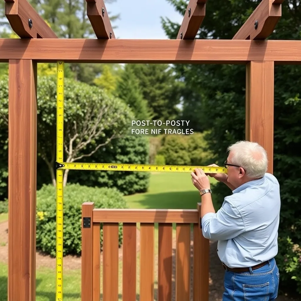 Measuring a garden arbor opening with a tape measure to size a DIY cedar gate