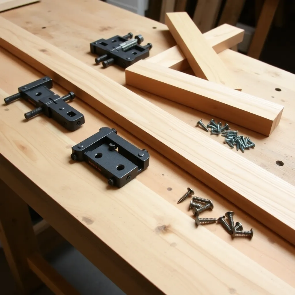 Cedar lumber and gate hardware laid out on a workbench for building a DIY arbor gate