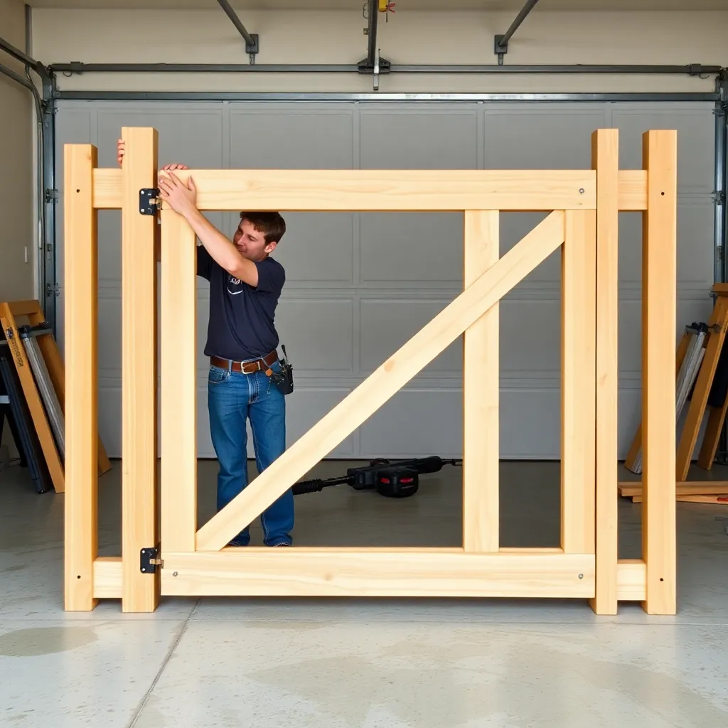 Assembling a cedar gate frame on a flat garage floor, checking for square before fastening